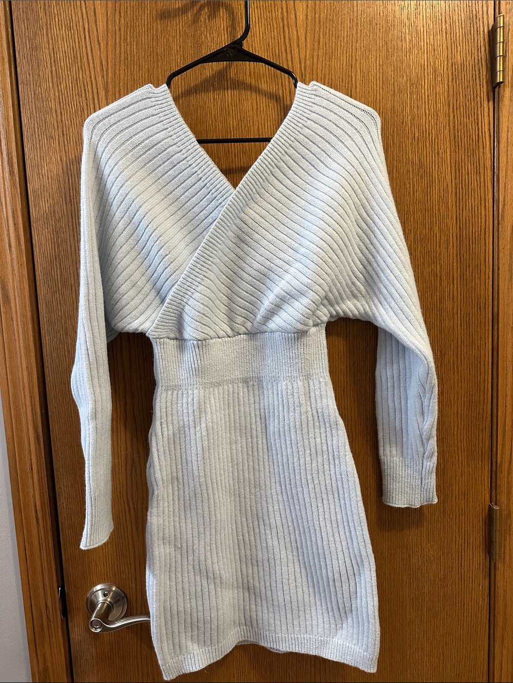 Ribbed Wrap-Front Long Sleeve Knit Dress - Light Blue